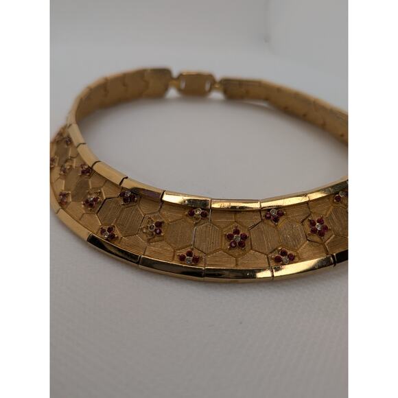 RARE! Vintage Gold BOUCHER Signed Red Rhinestone Flower Choker 16" & Extender - Picture 4 of 10